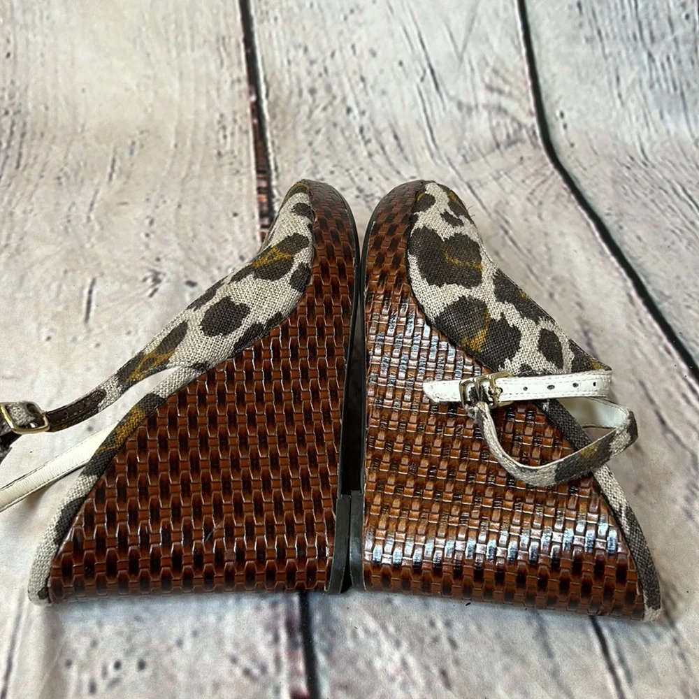 Via Spiga Brown Leopard Linen Leather Lining Slingback Wedge Sandals Size 6.5